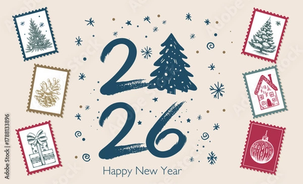 Fototapeta Festive 2026 New Year Card with Vintage Holiday Stamps