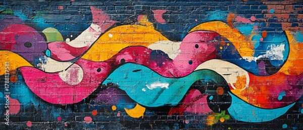 Fototapeta Bright graffiti with wavy lines and vibrant colours will decorate the cityscape and serve as a creative backdrop for art projects or youth festivals.