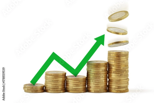 Obraz Stack of coins with green raising arrow - Money growth concept