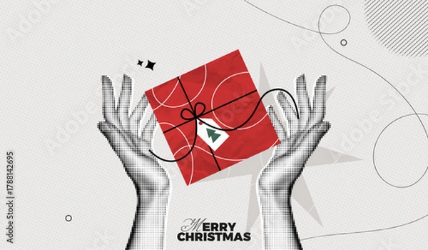 Fototapeta Trendy Halftone Collage Merry Christmas and New Year poster. Women's hands holds red gift box. Xmas present with ribbon and bow. Party celebration. Paper texture. Contemporary vector illustration art