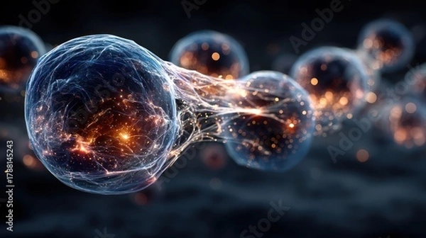 Fototapeta Celestial Cellular Dance: An ethereal display of luminous cells merges in a captivating dance, their inner glows pulsing with energy, amidst a backdrop of cosmic depth.
