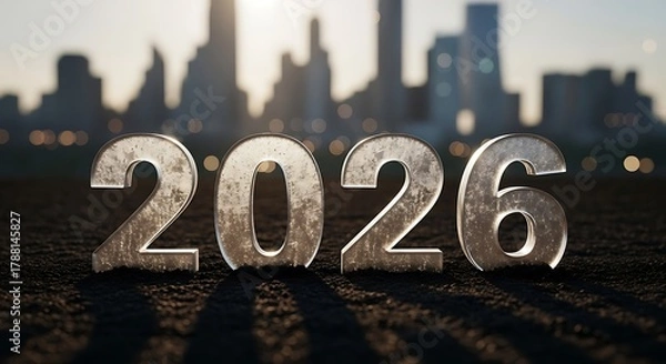 Fototapeta Silver year numerals two zero two six on a dark surface with a blurred city skyline in the background
