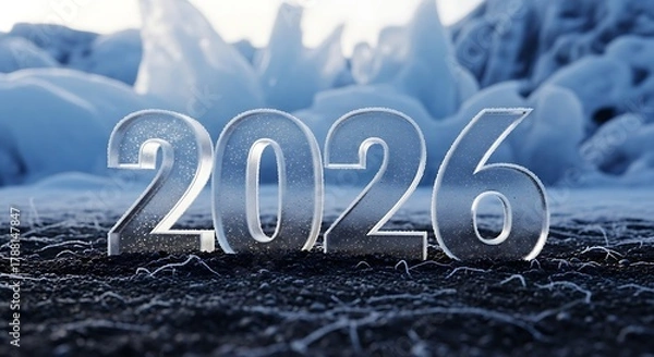 Fototapeta Clear ice numbers forming the year twenty twenty six on dark ground with icy background scene