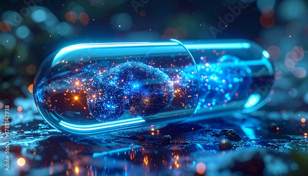 Fototapeta Science Innovation: A close-up view of a futuristic pill, gleaming with an internal glow, symbolizing breakthroughs in the realm of medicine and scientific advancements.