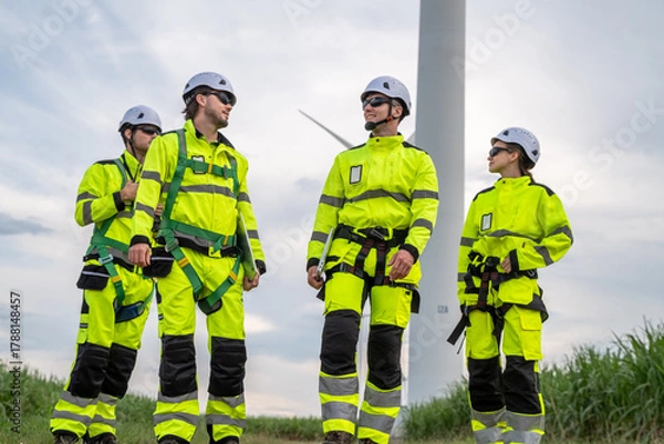 Fototapeta Four people in yellow and black safety gear. One of them is wearing a harness. Group of engineers (four people) with PPE, collaborating and walking at wind turbine field, concept of achievement.