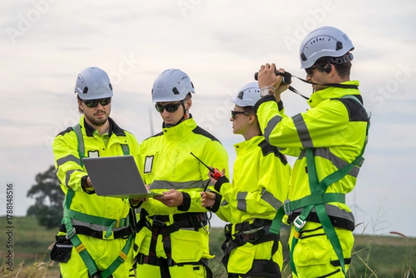 Fototapeta Four men in yellow and green safety gear are looking at a laptop. One of the men is holding a camera. Technicians in PPE discussing blueprint and inspecting wind turbines, planning for maintenance.