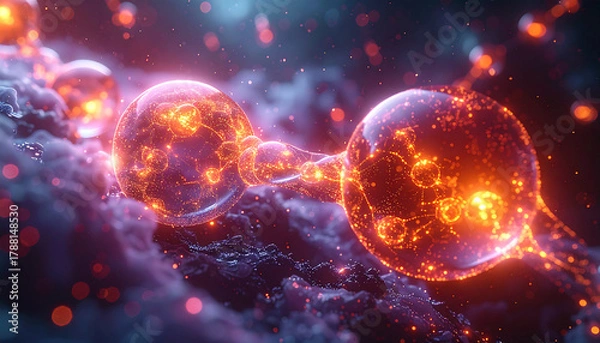 Obraz Cosmic Energy Nexus: An intricate, radiant network of interconnected spheres pulsates with vibrant, fiery energy, weaving through a celestial nebula and showcasing the cosmos.