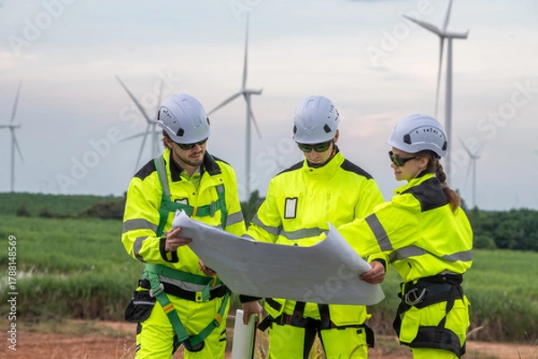 Fototapeta Three workers in bright yellow and green safety gear are examining a blueprint in a field. Technicians in PPE discussing blueprint and inspecting wind turbines, planning for maintenance.