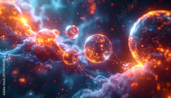 Obraz Celestial Spheres: A mesmerizing display of celestial spheres suspended amidst vibrant nebulae, capturing the awe and mystery of the cosmos.