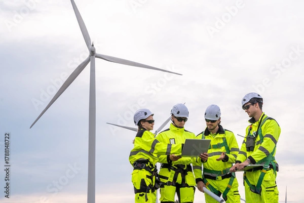 Fototapeta Four people are standing on a wind farm, looking at a laptop. They are wearing safety gear. Technicians in PPE discussing blueprint and inspecting wind turbines, planning for maintenance.