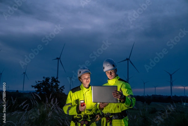 Fototapeta Two workers in yellow jackets and hard hats are examining a laptop. Technician team in safety harnesses, inspecting wind turbines with technology at twilight.