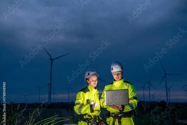 Fototapeta Two workers in safety gear are examining a laptop in front of a field of wind turbines. Technician team in safety harnesses, inspecting wind turbines with technology at twilight.