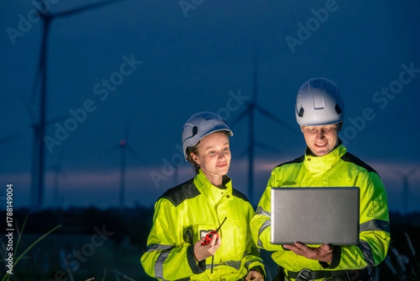 Fototapeta Two workers in safety gear are looking at a laptop computer. One of them is holding a remote control. Technician team in safety harnesses, inspecting wind turbines with technology at twilight.