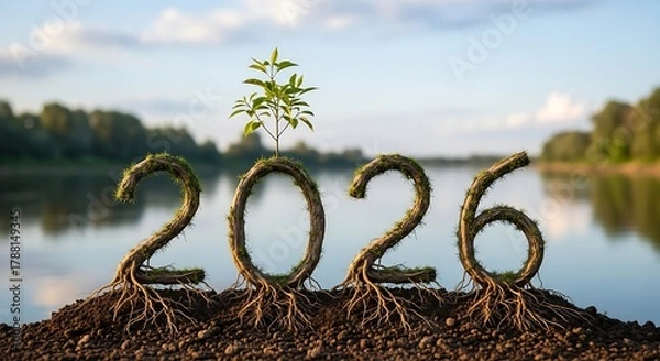 Fototapeta Year of two thousand and twenty six made of roots and moss with a small plant growing on top near water