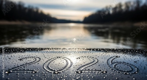 Fototapeta Year two thousand and twenty six written with water droplets in front of a blurred lake landscape