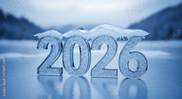 Fototapeta Icy year two thousand twenty six on a frozen landscape with mountains in the background in blue tones
