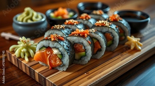 Fototapeta Fresh Japanese salmon sushi rolls, a gourmet seafood meal or appetizer on a white plate.