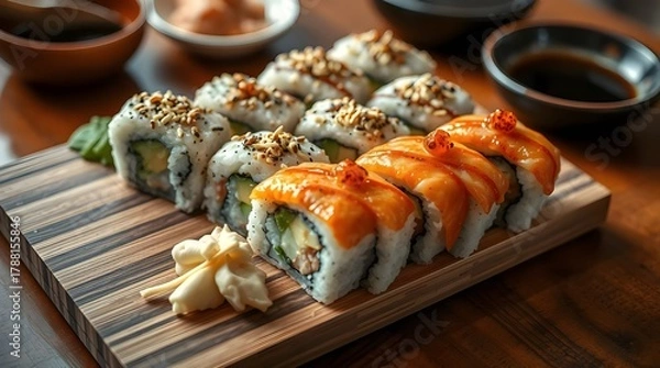 Obraz Fresh Japanese salmon sushi rolls, a gourmet seafood meal or appetizer on a white plate.
