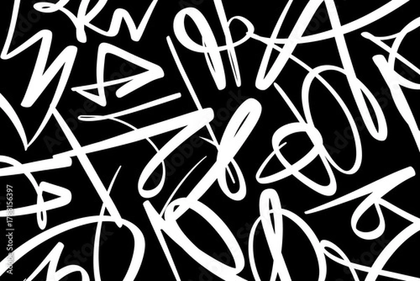 Obraz Abstract background with white brush strokes and lines on black surface. Modern graphic composition with dynamic shapes resembling calligraphy or graffiti marks. 