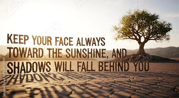 Fototapeta Inspirational quote with tree on cracked earth casting shadows in a bright outdoor setting