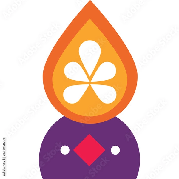 Obraz Abstract orange fire shape above purple character with white petals and red diamond on white background