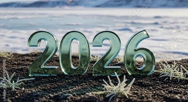 Fototapeta Glassy year numbers two thousand twenty six on dark soil with icy background in outdoor setting