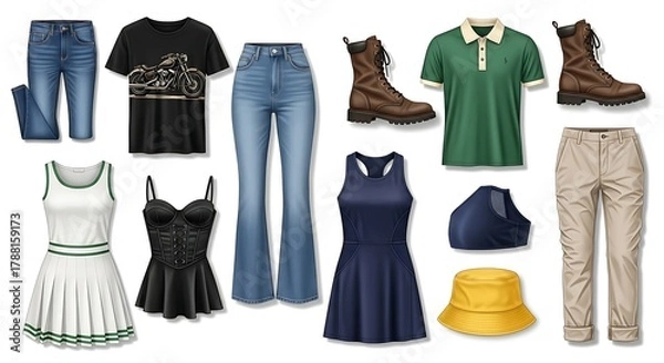 Fototapeta Diverse Clothing Collection: A Versatile Wardrobe with Jeans, Dresses, Tops, Boots, and Hat