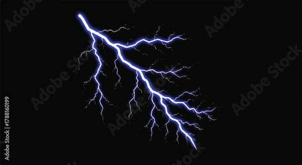 Fototapeta Powerful electric thunder strike lightning bolt graphically branching across the frame in a vibrant 2D flat vector illustration set against a deep black void.