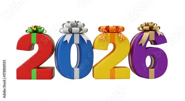 Fototapeta 2026 giftbox style number for new year on transparent background