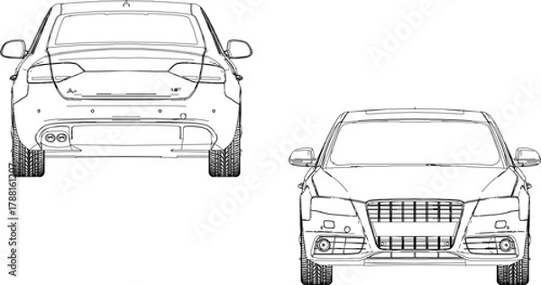 Fototapeta Vector sketch illustration of a silhouette design of a high-class luxury sedan car for officials and rich people, seen from the front and back