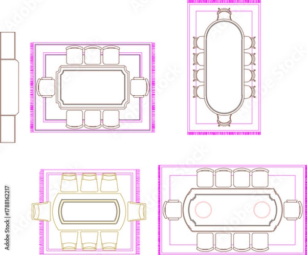 Fototapeta Vector sketch illustration of architectural design silhouette collection of Dining table and chairs for home interior 