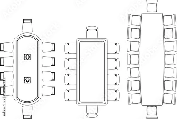 Fototapeta Vector sketch illustration of architectural design silhouette collection of Dining table and chairs for home interior 