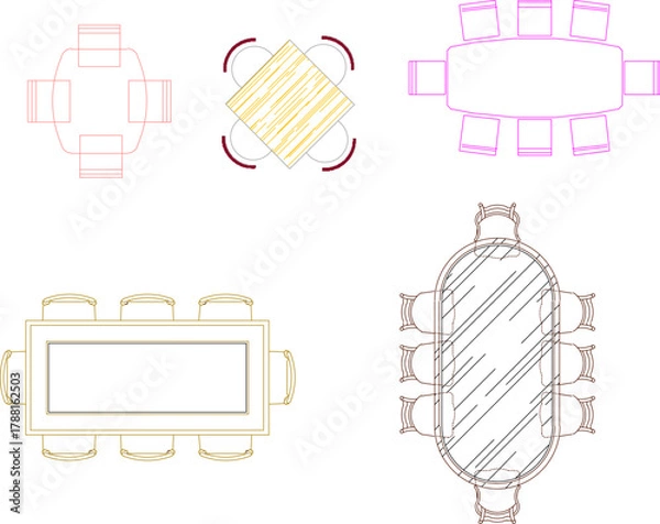 Fototapeta Vector sketch illustration of architectural design silhouette collection of Dining table and chairs for home interior 