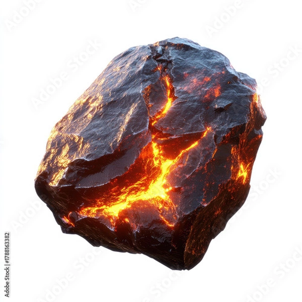 Fototapeta Glowing meteorite rock fragment with fiery cracks isolated on white
