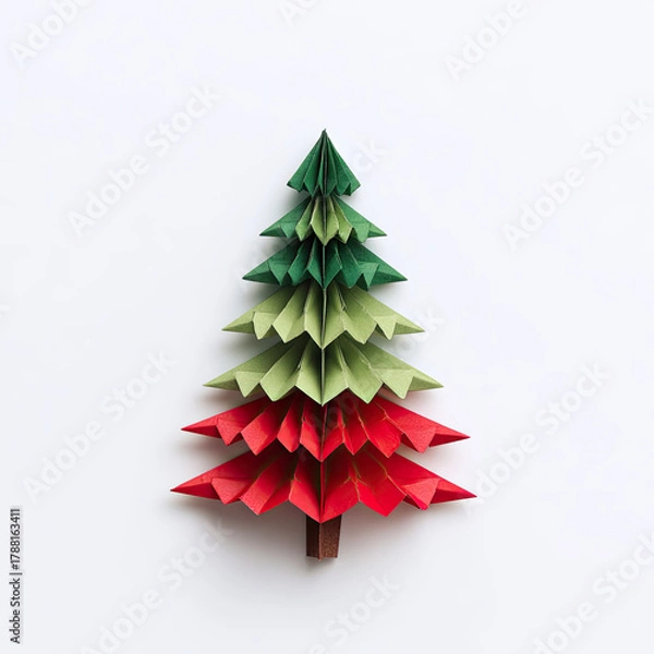 Fototapeta Origami Christmas tree with red and green paper layers on white