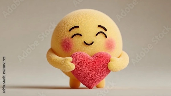 Obraz Cute yellow smiley emoji holding a textured pink heart symbol on neutral background