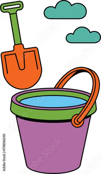 Fototapeta Colorful Beach Bucket and Shovel with Clouds Keywords: beach, bucket, shovel, sand, water, play