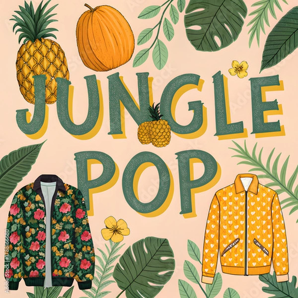 Obraz Vibrant jungle pop design featuring tropical fruits, lush foliage, and stylish bomber jackets, perfect for fashion and summer themes.