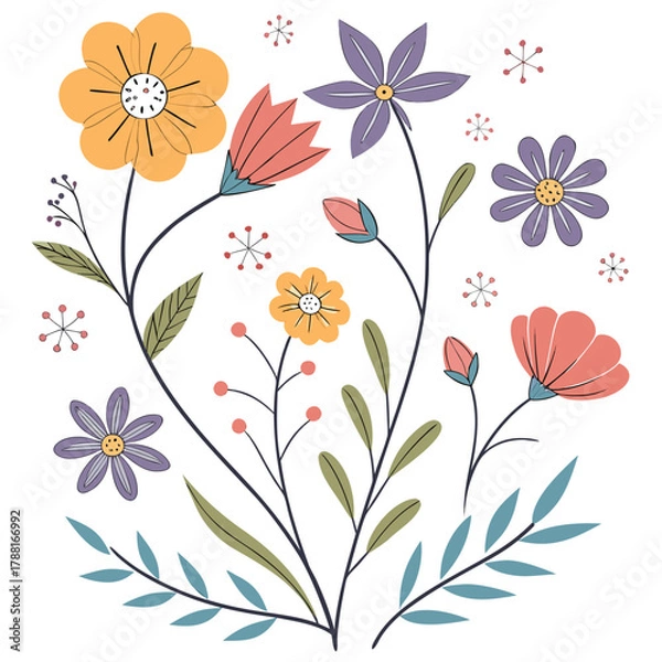 Fototapeta Colorful hand-drawn spring flowers and foliage on a white background . Set floral of wildflower, leaf branch, foliage on white background. Hand drawn blossom illustration.