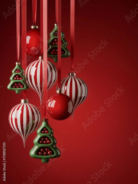 Fototapeta Christmas holiday concept. Red and white striped baubles, solid red baubles, and green Christmas tree-shaped ornaments hanging on deep red background. Space for text. 