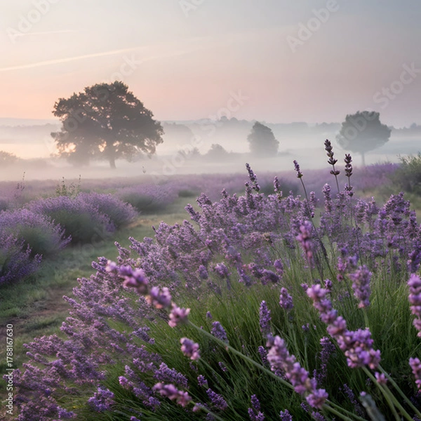 Obraz Serene lavender field bathed in soft morning mist with distant trees creating a tranquil, breathtaking rural landscape.