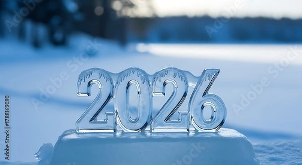 Fototapeta Ice sculpture of the year two thousand twenty six on a snowy surface in a winter landscape