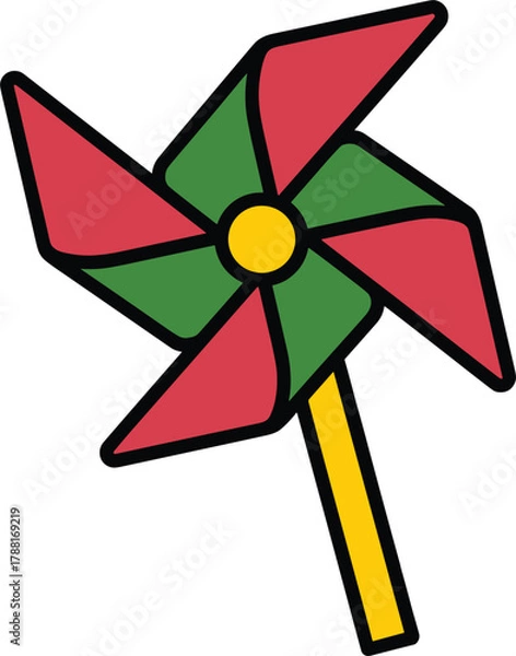 Fototapeta Red and green pinwheel toy with yellow center on white background game play