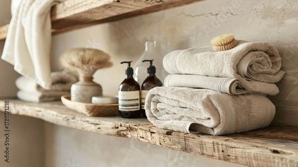 Fototapeta Neatly arranged bathroom shelf with rolled towels, candles, reed diffuser, and skincare bottles. Perfect for spa, wellness, hygiene, or interior design banner.