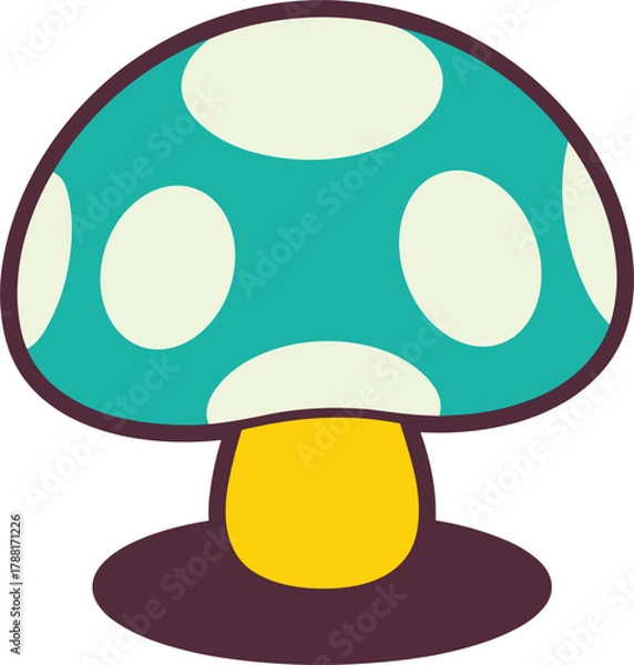 Fototapeta Whimsical Teal Mushroom with White Spots and Yellow Stem Keywords: mushroom, toadstool, fantasy