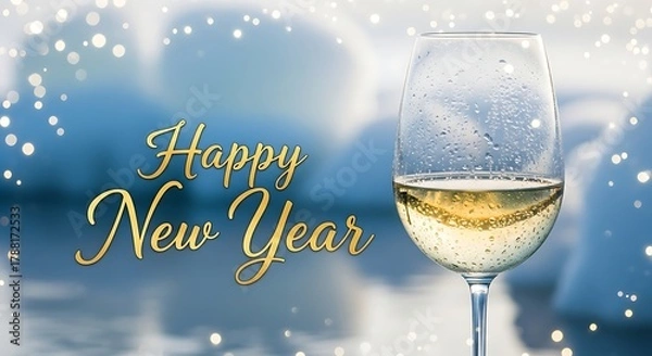Fototapeta Happy new year greeting card with wine glass and bokeh lights on a blue and white background design