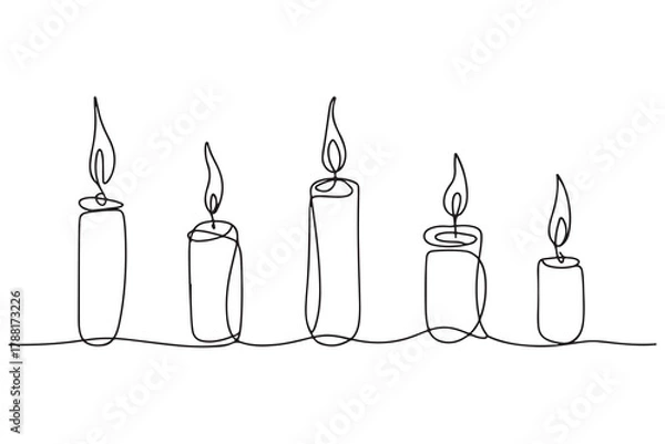 Fototapeta Single line art of multiple candles with fire flame simple outline illustration on white background
