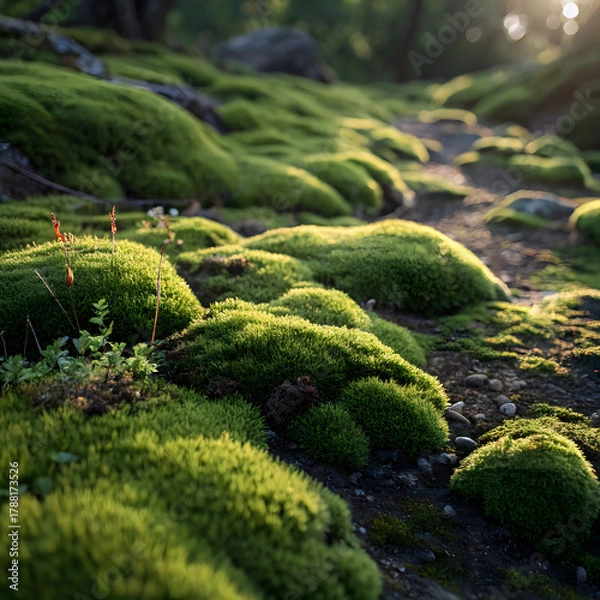 Obraz Vibrant green moss carpeted forest floor bathed in warm golden sunlight creating an enchanting serene natural scene