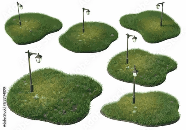 Fototapeta Create Create Set of original grass patch scene with road Lamp post isolated on white background.