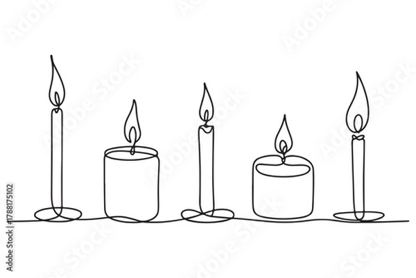 Fototapeta Single line art of multiple candles with fire flame simple outline illustration on white background
